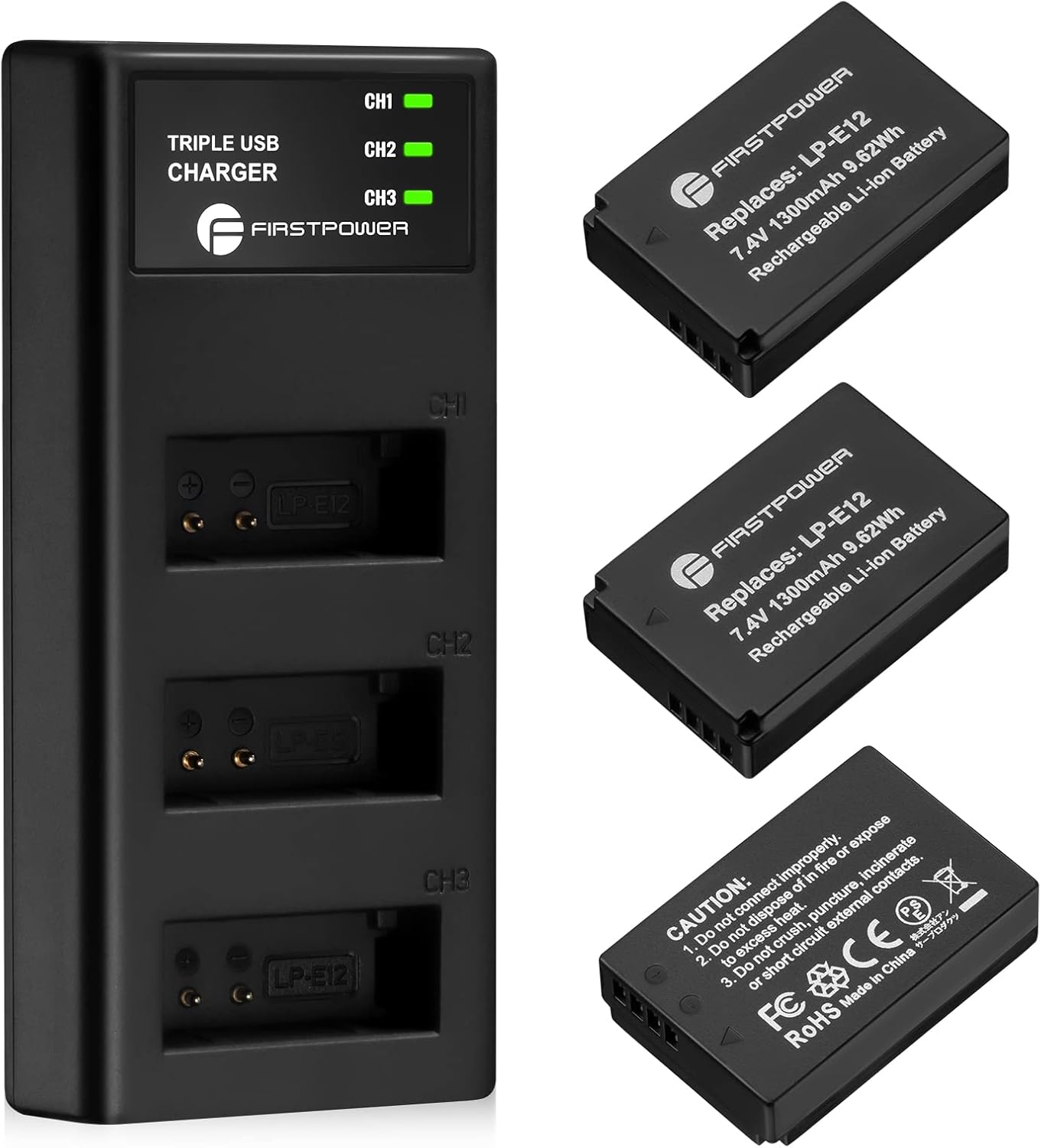 FirstPower LP-E12 – Paquete de 3 baterías y cargador de triple ranura para cámaras digitales Canon EOS M50, M50 Mark II, M, M2, M10, M100, M200,