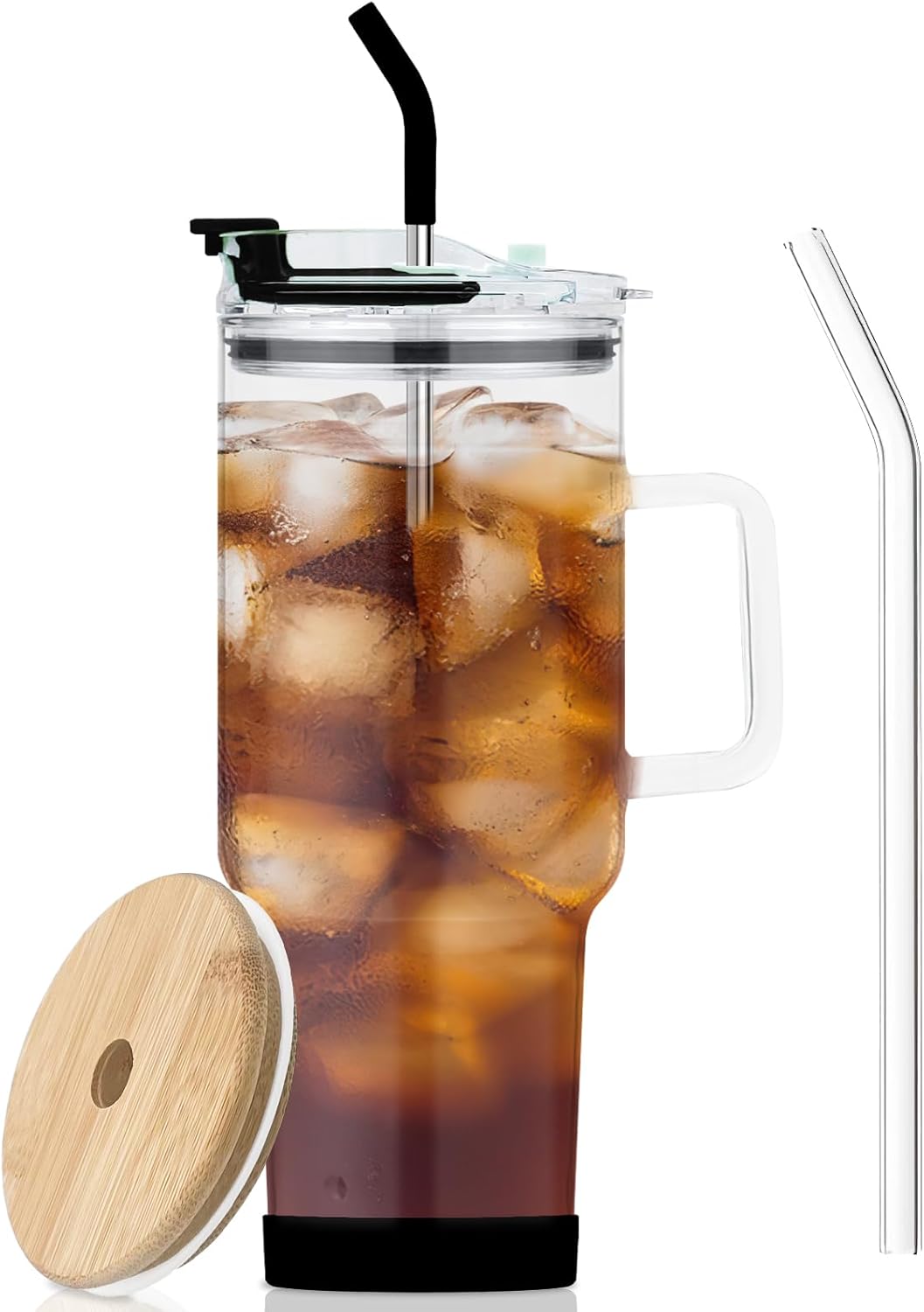 Vaso de vidrio con tapa y popotes, taza de vidrio de gran capacidad de 40 onzas con asa, vasos para beber con posavasos de silicona, taza de agua de