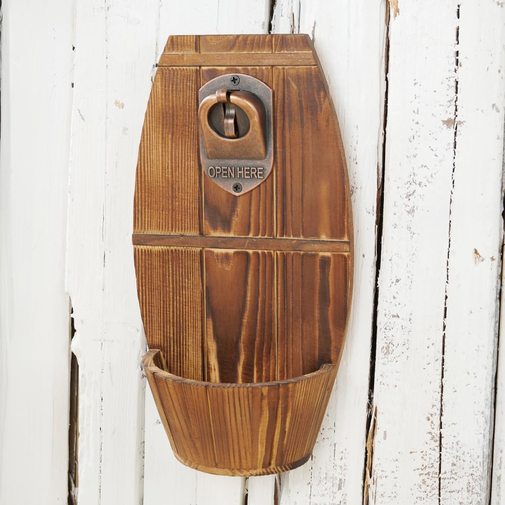 Abrebotellas de barril de cerveza de madera montado en la pared, abrebotellas vintage sin rastro con colector de tapa, regalo ideal para hombres y