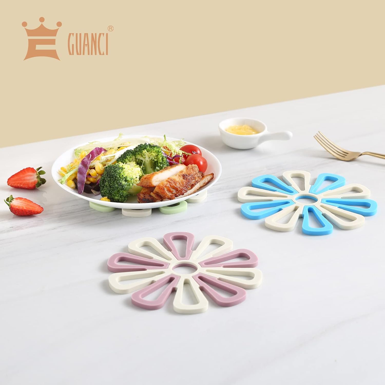 Silicone Trivet Mat Set of 3, GUANCI Hot Pot Holder Hot Pads for Table & Countertop Set Non-Slip & Heat Resistant Modern Kitchen Hot Pads for Pots &