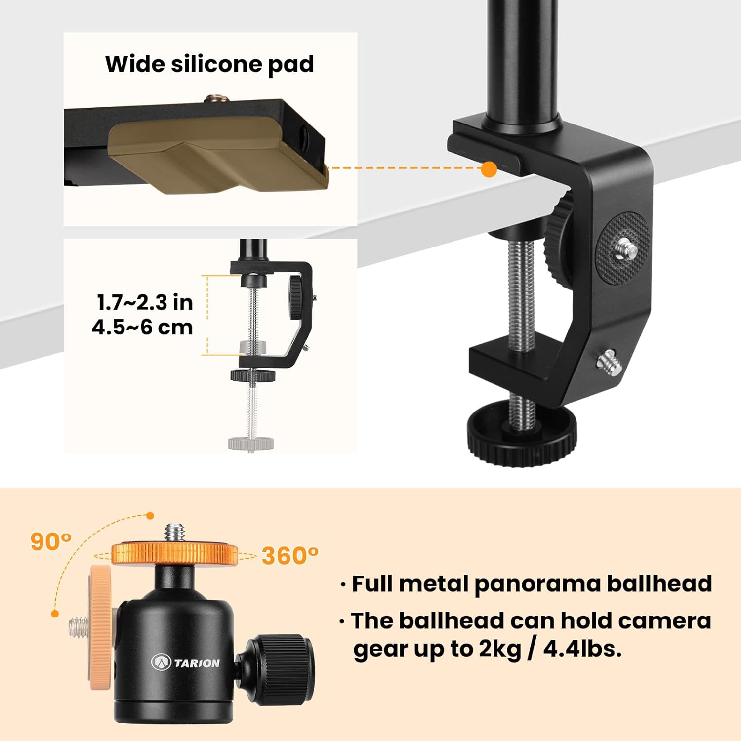 TARION Soporte de abrazadera C para cámara, soporte de escritorio con tornillo estándar de 14, cabeza de bola y varilla de extensión ajustable de