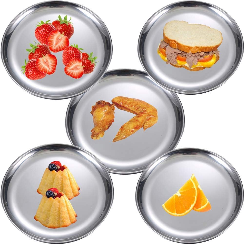 Juego de 2 platos de acero inoxidable de metal de 7 pulgadas para aperitivos, campamento al aire libre, plato de carne, inastillables y aptos para