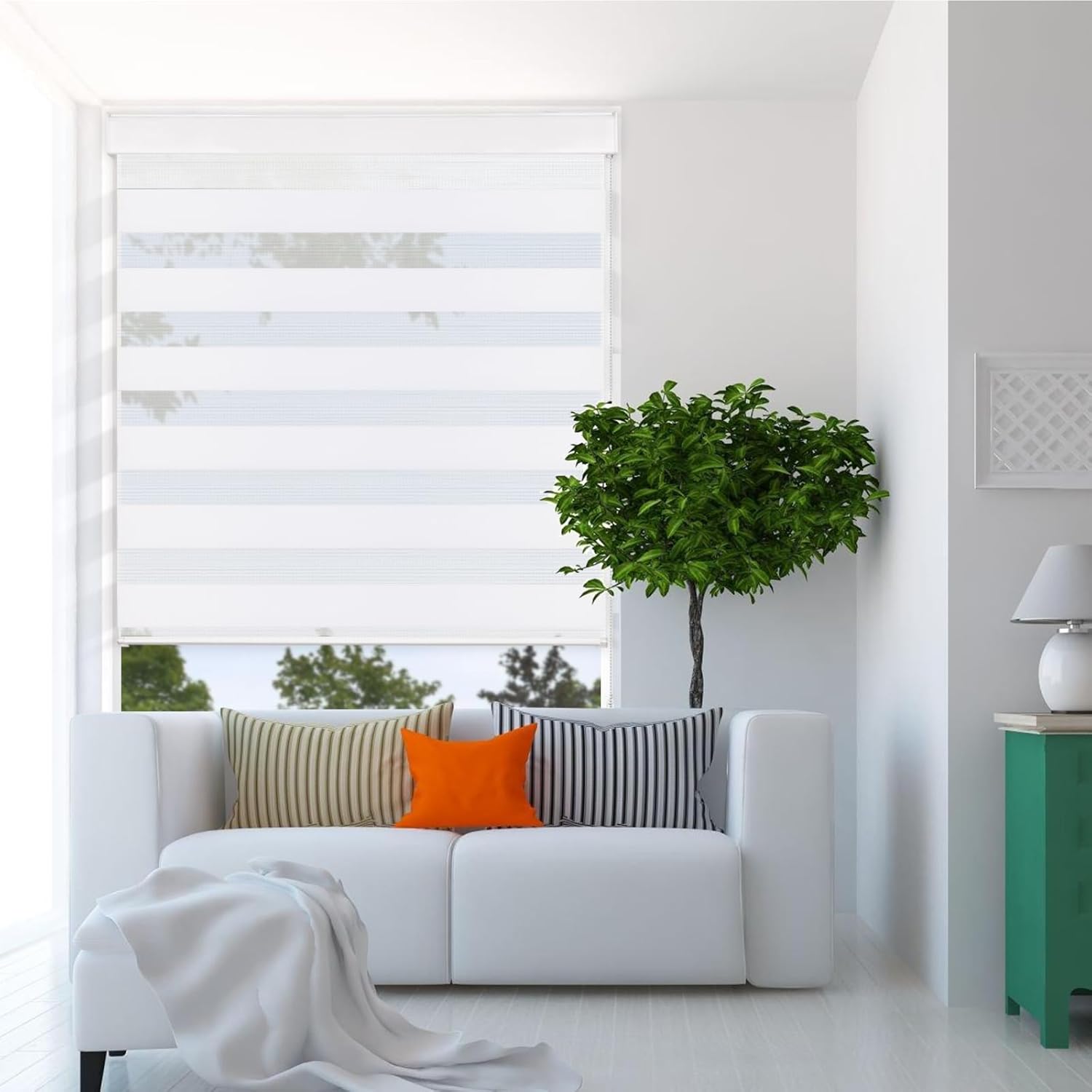 Homland Persianas enrollables opacas con diseño de cebra, color blanco, para filtrado de luz, para ventanas, material grueso con cadena de cuentas