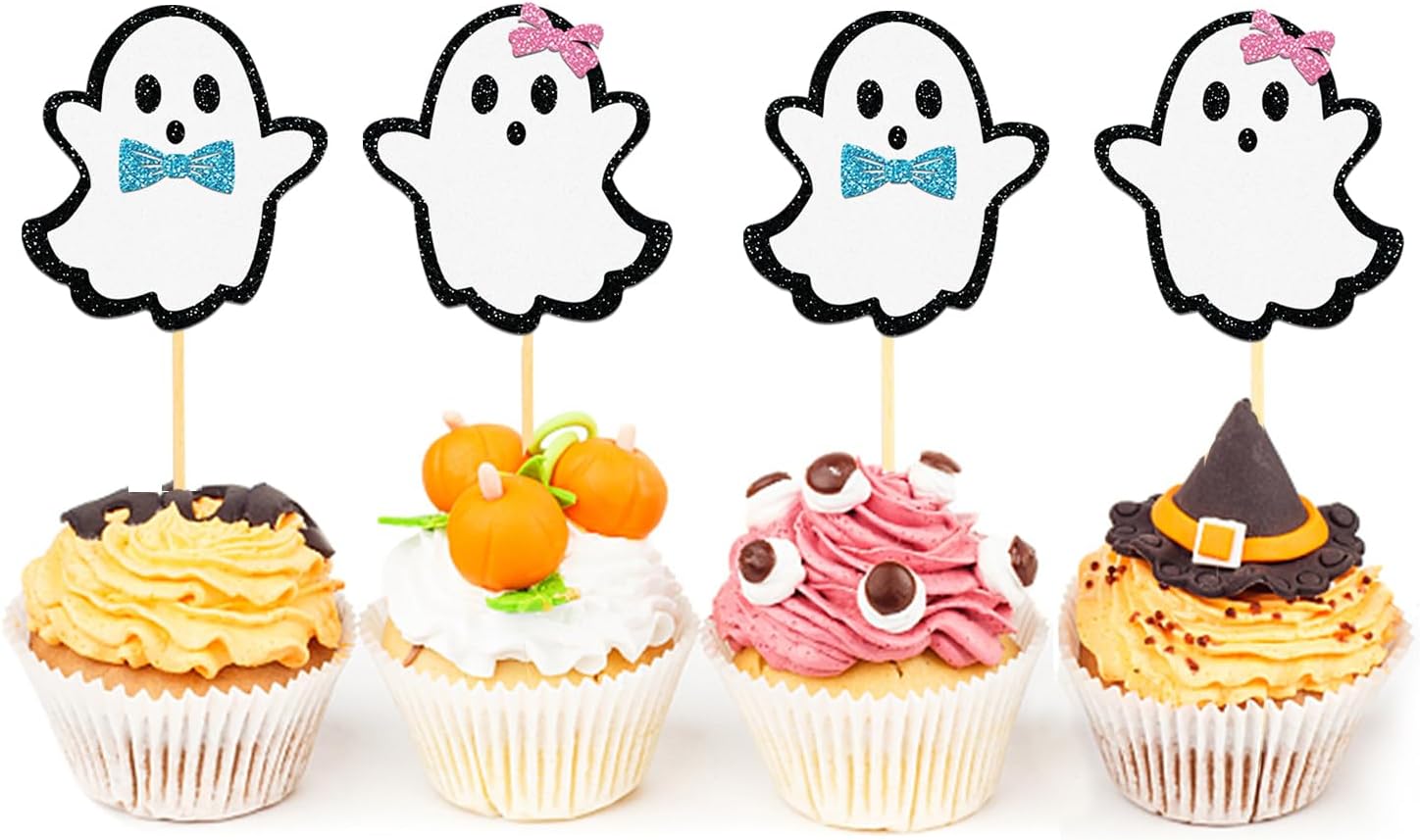 24 piezas de adornos de Halloween para cupcakes fantasmas, palillos de revelación de género para niños y niñas, decoración de pastel de Halloween