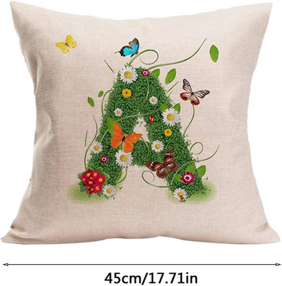 Fundas de almohada de 18 x 18 pulgadas, fundas de almohada de verano para exteriores, diseño de pétalos de hierba, monograma, letras del alfabeto