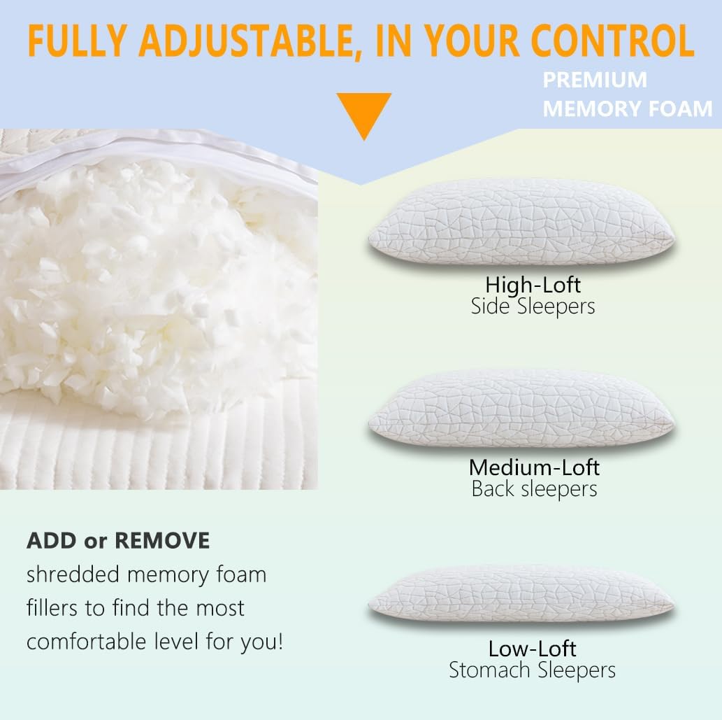 Almohada de espuma viscoelástica triturada, tamaño Queen (1 unidad), almohada de cama ajustable para personas que duermen boca abajo, cómoda