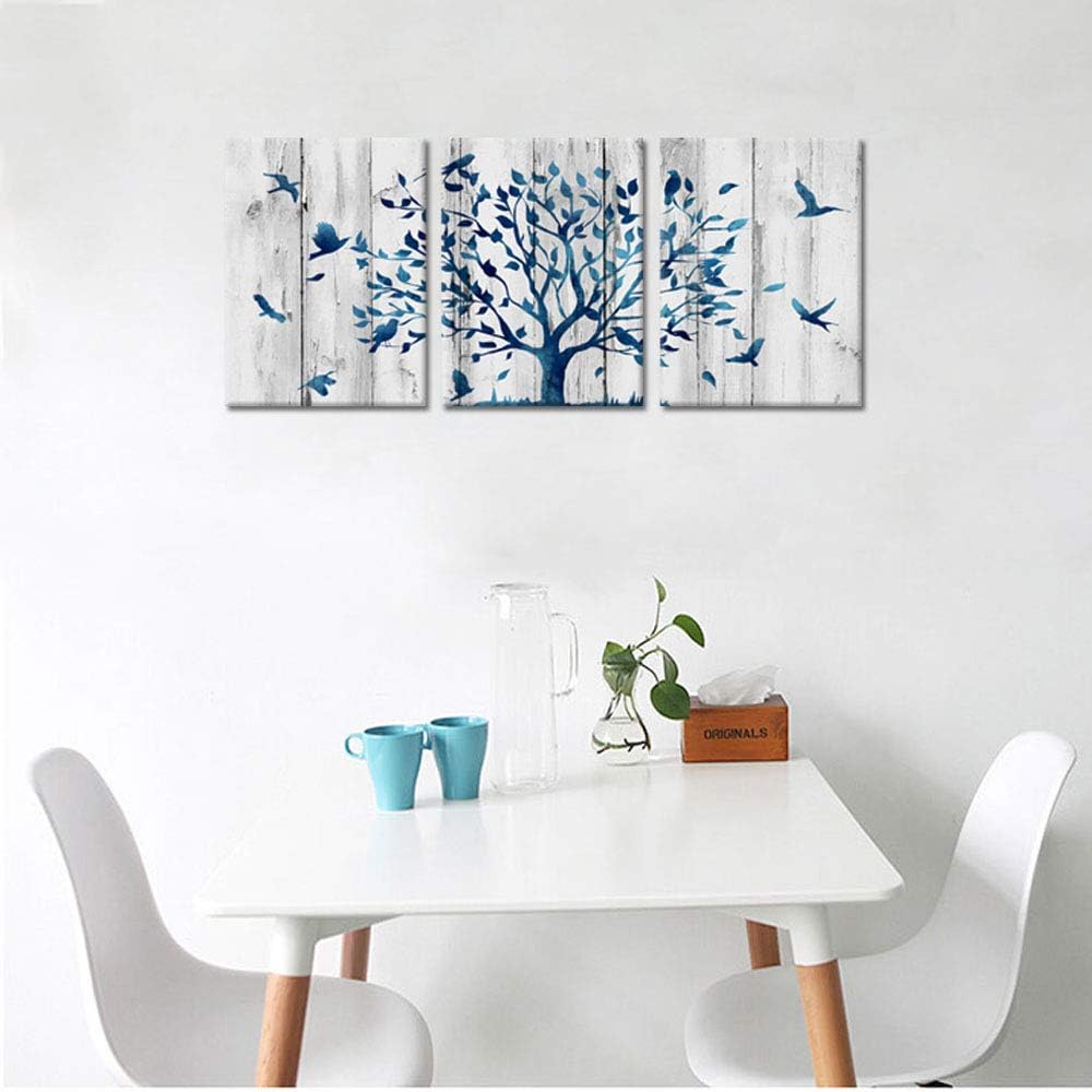 WELMECO 3 piezas rústicas de árbol azul con pájaros, textura de madera rústica, impresiones giclée, estiradas listas para colgar, para sala de
