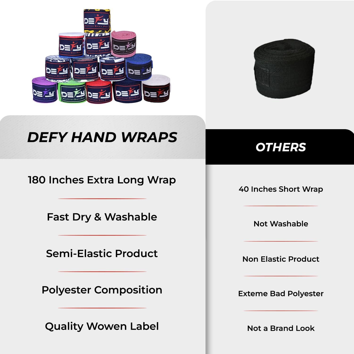 DEFY – Vendas de mano profesionales de 180 pulgadas para boxeo, Muay Thai, vendajes elásticos para hombres y mujeres, par