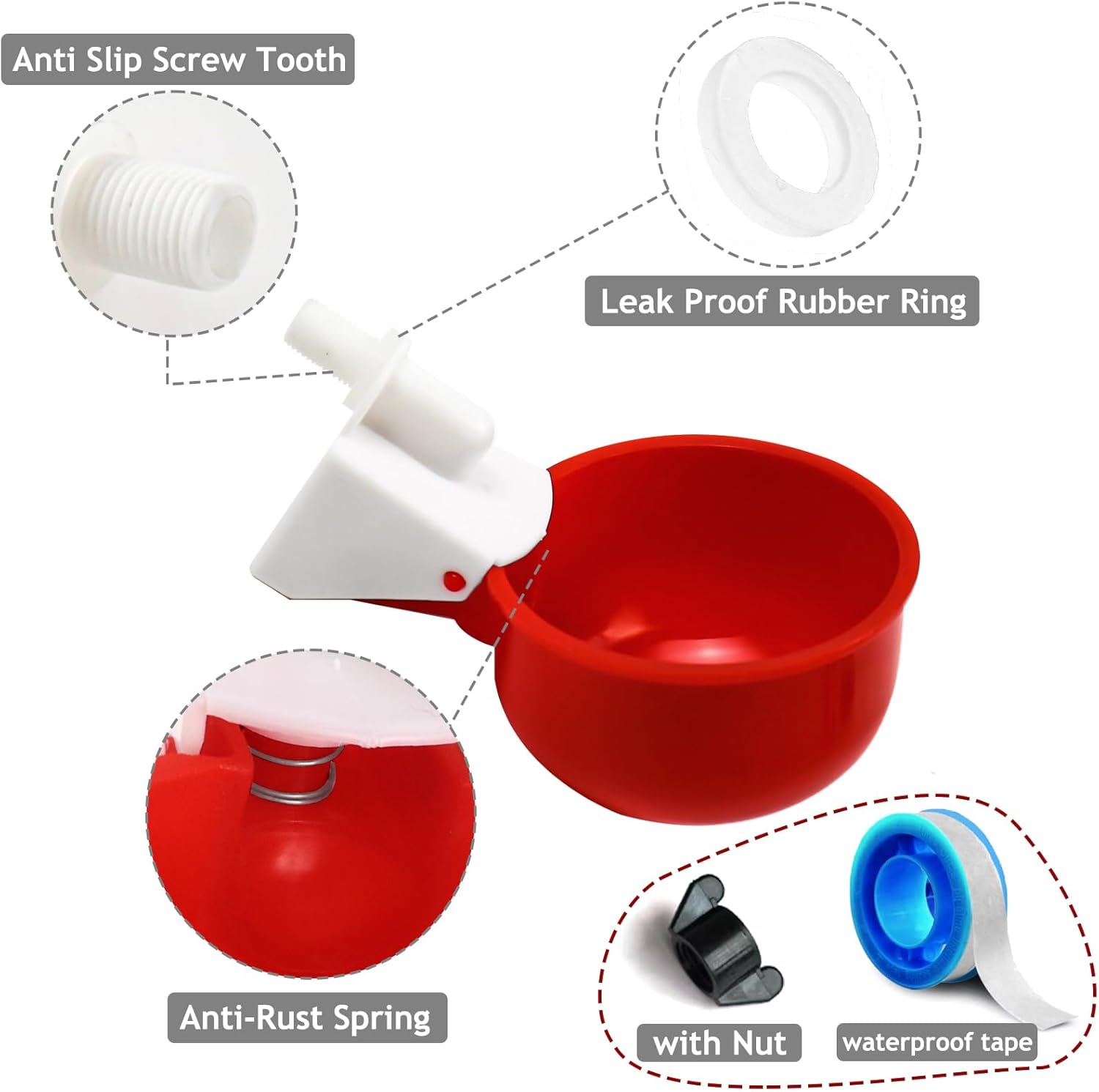 Vasos para bebederos de pollo, 4 paquetes  Tazas de riego para aves de corral con accesorios en T de 12 pulgada, tuerca, cinta de teflón  Sensor de