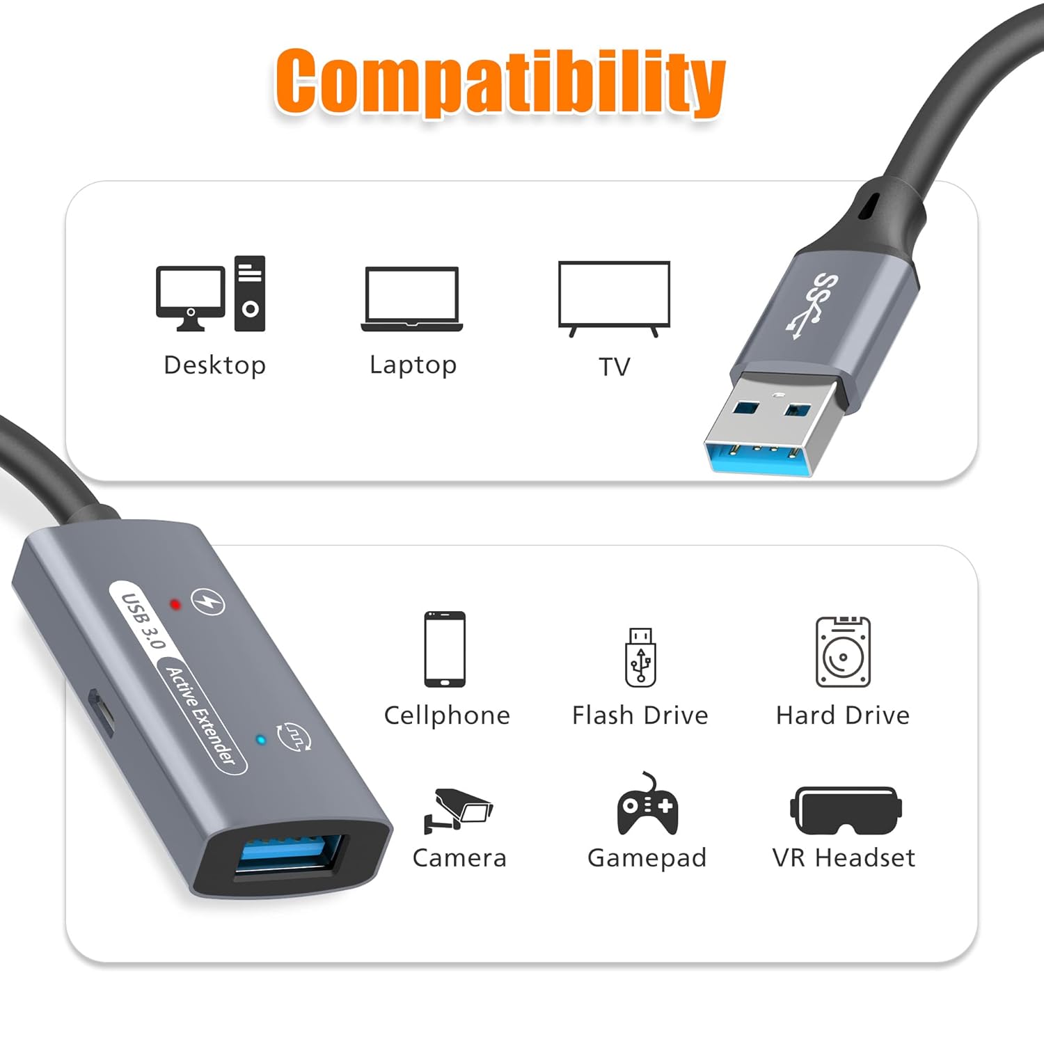 AGVEE Cable de extensión activo USB 3.0 de 66 pies  65.6 ft, USB3.0 macho a hembra, extensor de señal ultra largo, cable de refuerzo de señal para