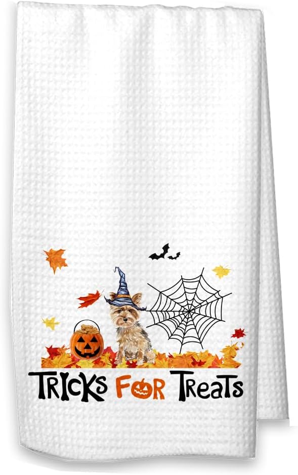 Studio 9Thirty3 Tricks for Treats Yorkshire Terrier Halloween Kitchen Waffle Towel Yorkie Fall Decor (White Towel, Yorkie no Name)