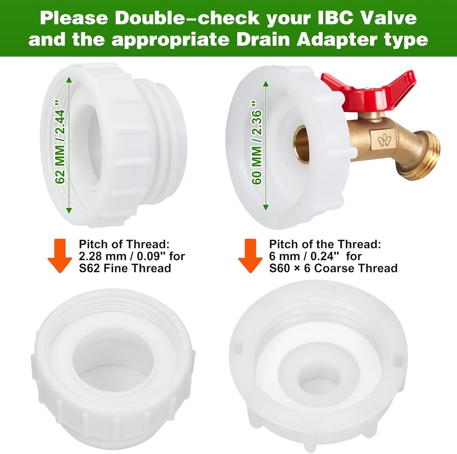 WADEO IBC – Adaptador de mano, adaptador de rosca fina de 2.44 pulgadas para tanque IBC de 275-330 galones, grifo de válvula de cierre de agua de