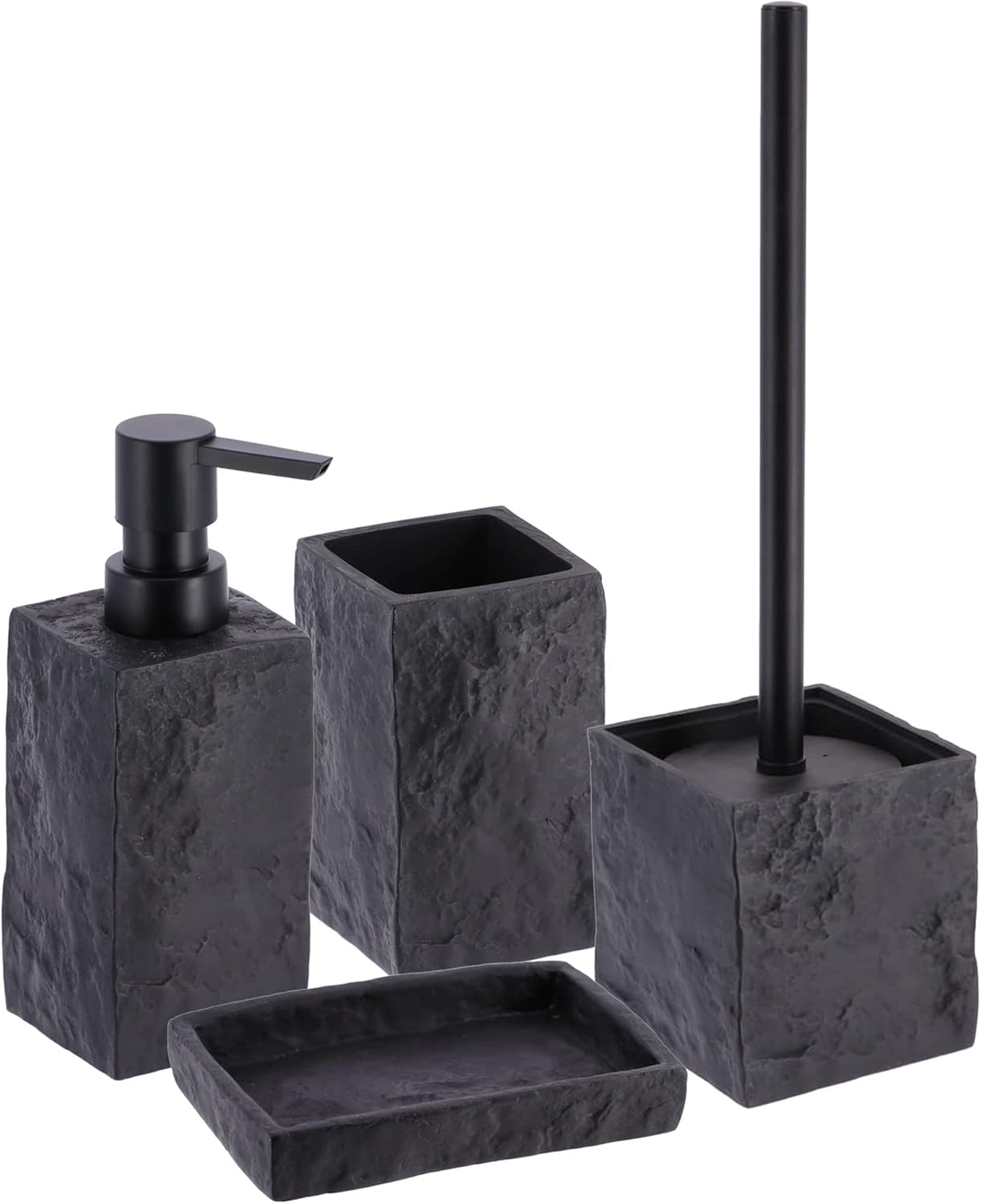 Dispensador de jabón de manos y loción de resina cuadrada de baño, efecto piedra, 9 onzas líquidas, negro