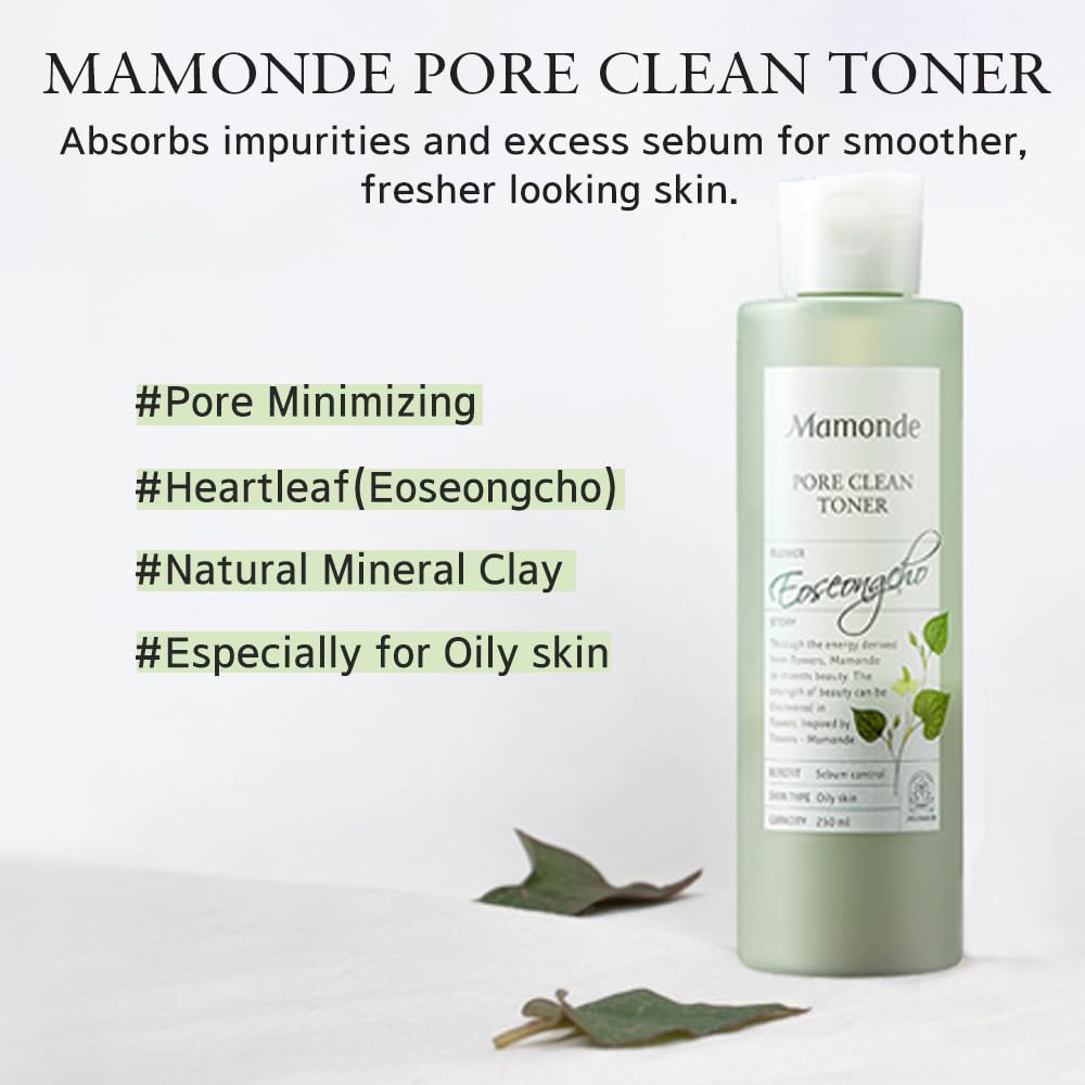 Mamonde Tónico limpio de poros, hojas de corazón para minimizar los poros, arcilla mineral natural para control de sebo, tónico facial diario para