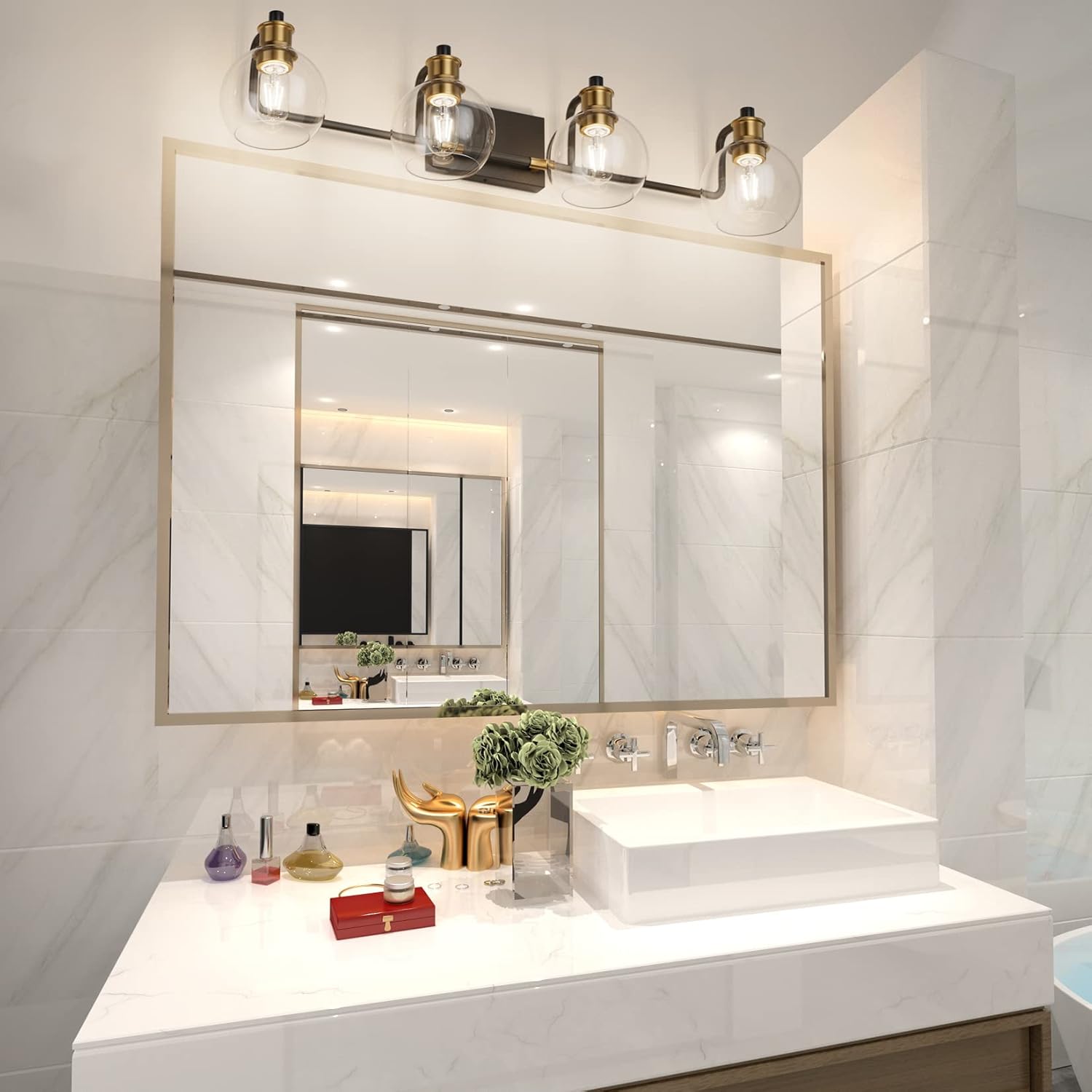 Tipace Lámparas industriales para tocador de baño, 4 luces, acabado vintage negro y dorado con globo de vidrio transparente, iluminación de baño de
