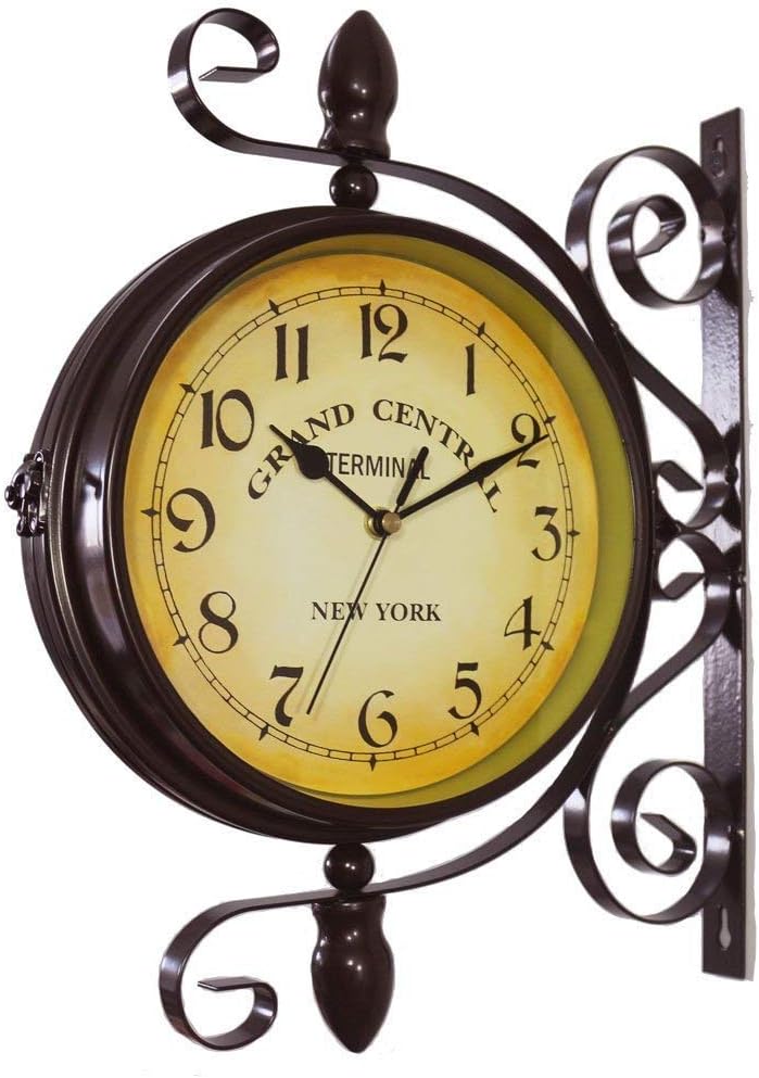 Ykybhx Reloj de pared de doble cara, de hierro forjado, estilo vintage, de dos caras, estilo europeo, clásico, para jardín, decoración del hogar,