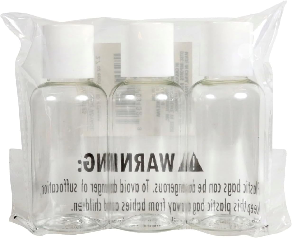 Botellas de viaje de plástico transparente, juego de 3 piezas de 2.7 onzas aprobadas por la TSA (2 botellas abatibles, 1 botella de aerosol)