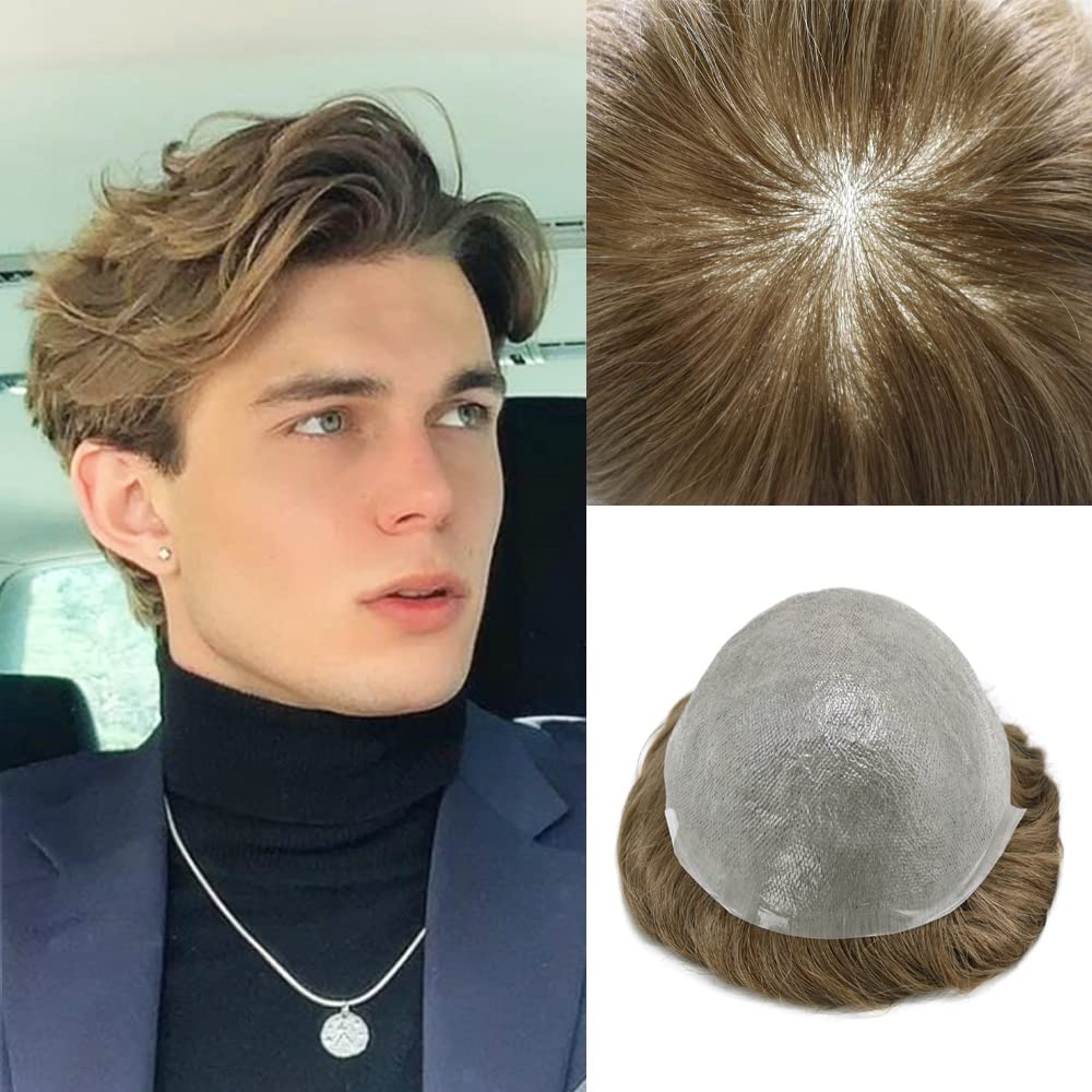 Extensiones de pelo humano Toupee para hombre, sistema de reemplazo de pelo sintético ultra fino para hombres, línea capilar natural en V para