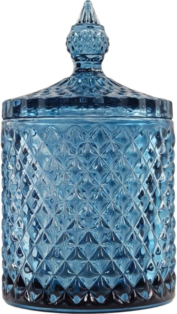 Sizikato Tarro de cristal facetado de diamante con tapa, tarro decorativo azul de 18 onzas, tarro de nuez, frasco de almacenamiento de frutas secas.
