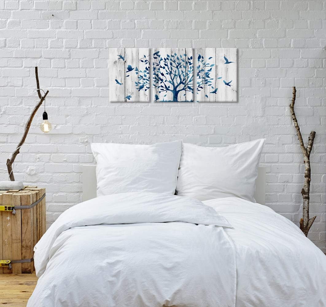 WELMECO 3 piezas rústicas de árbol azul con pájaros, textura de madera rústica, impresiones giclée, estiradas listas para colgar, para sala de