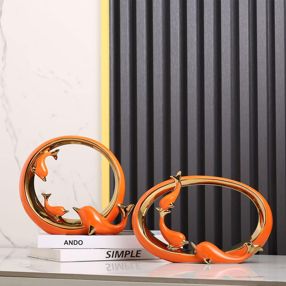 Figuras de delfín de cerámica de oro naranja, decoración costera del hogar, centros de mesa modernos del océano para sala de estar, comedor,