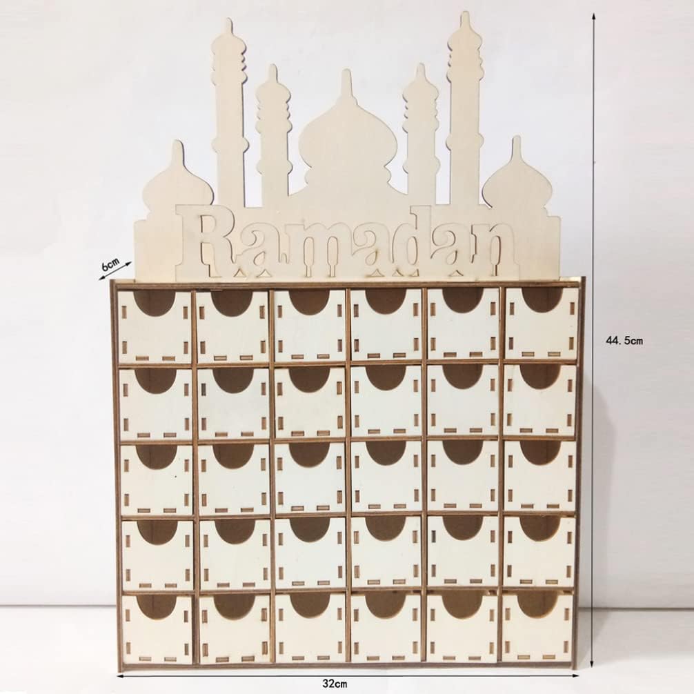 ULTNICE Calendario de Adviento de madera, calendario de cuenta regresiva de Eid Mubarak, cajón de madera, decoración de Ramadán musulmán para
