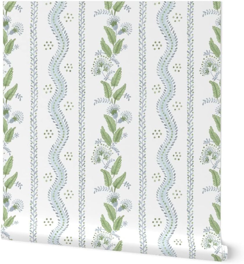 Spoonflower Papel tapiz autoadhesivo de 9 x 2 pies, papel tapiz extraíble tradicional con rayas blancas y verdes azules y verdes