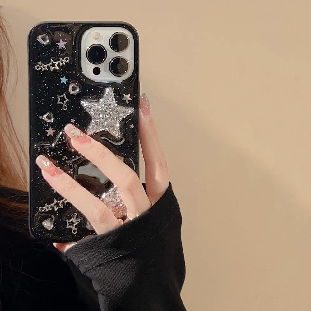 Funda para iPhone 14 con diseño de estrellas 3D con corazones brillantes y diamantes con purpurina Y2K Spark de lujo, diseño femenino estético