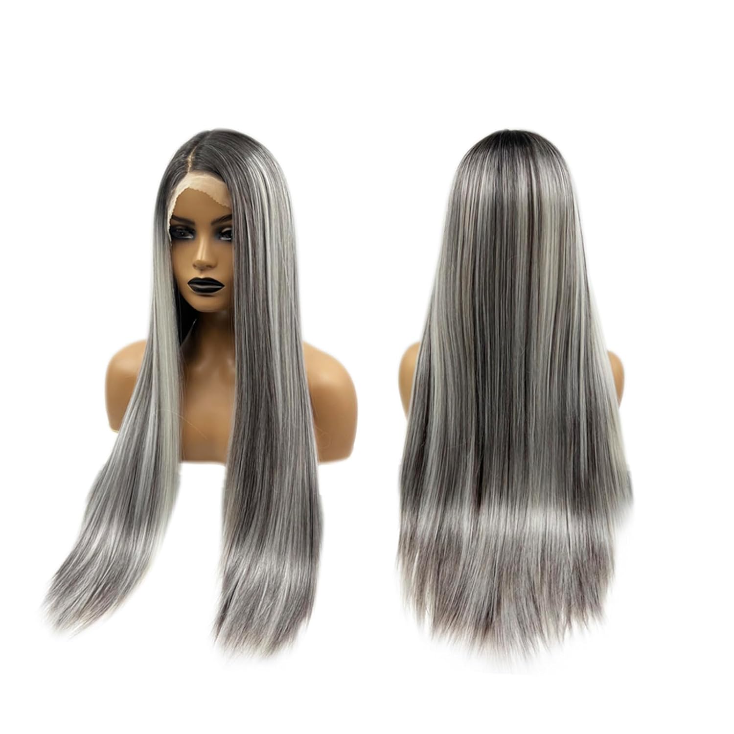 KIM K – Peluca de encaje frontal extra larga, recta, color gris oscuro con reflejos para mujer, pelucas sintéticas naturales para uso diario
