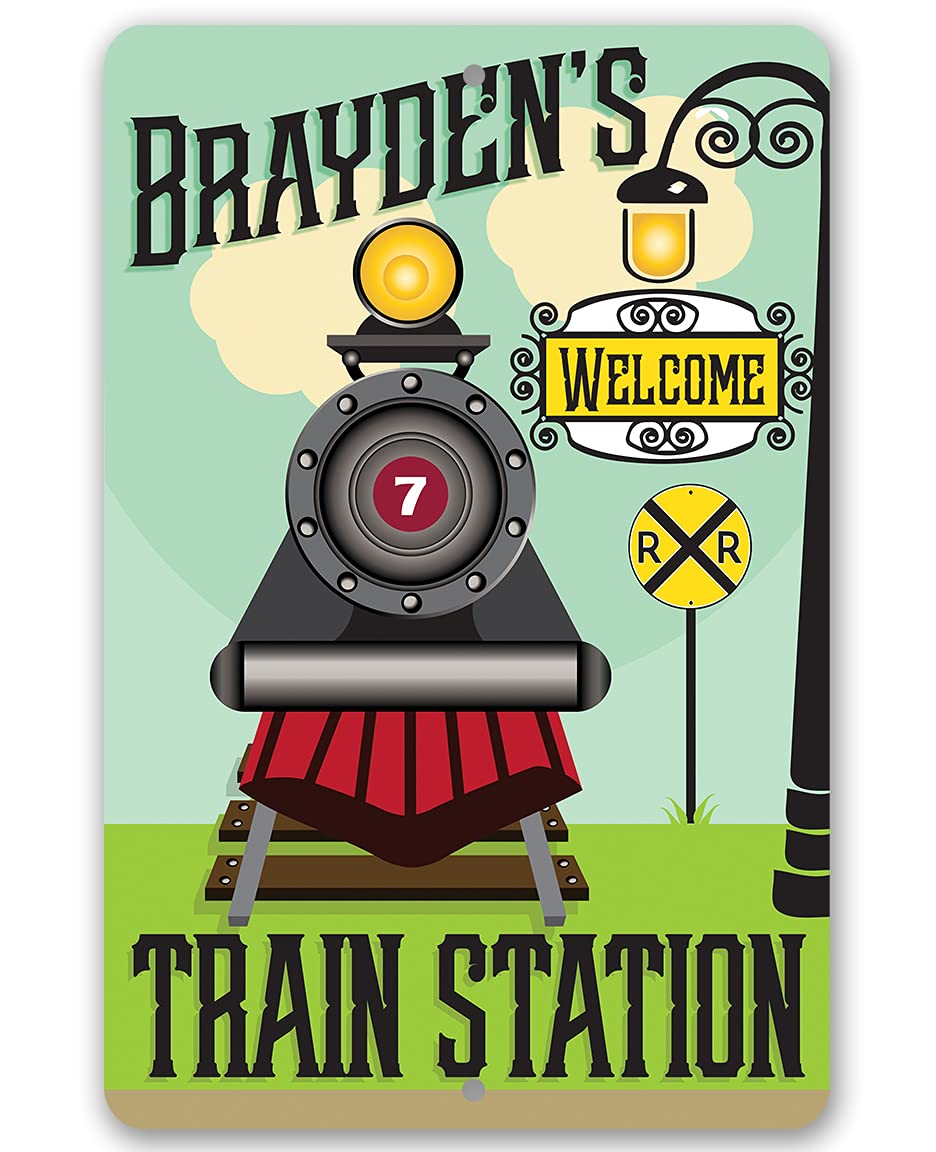 Personalized Train Station – Cute Railroad Crossing Decor, Baby Boy Room Accessories, Playroom Decoration and Custom Baby Shower Gift, 8×12 or 12×18