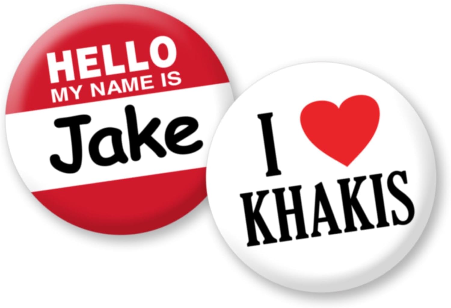 BUTTON DELI I Love Khakis and Hello My Name is Jake, divertidos botones para disfraz de Halloween, paquete de 2, diseño de seguro de corazón I 308