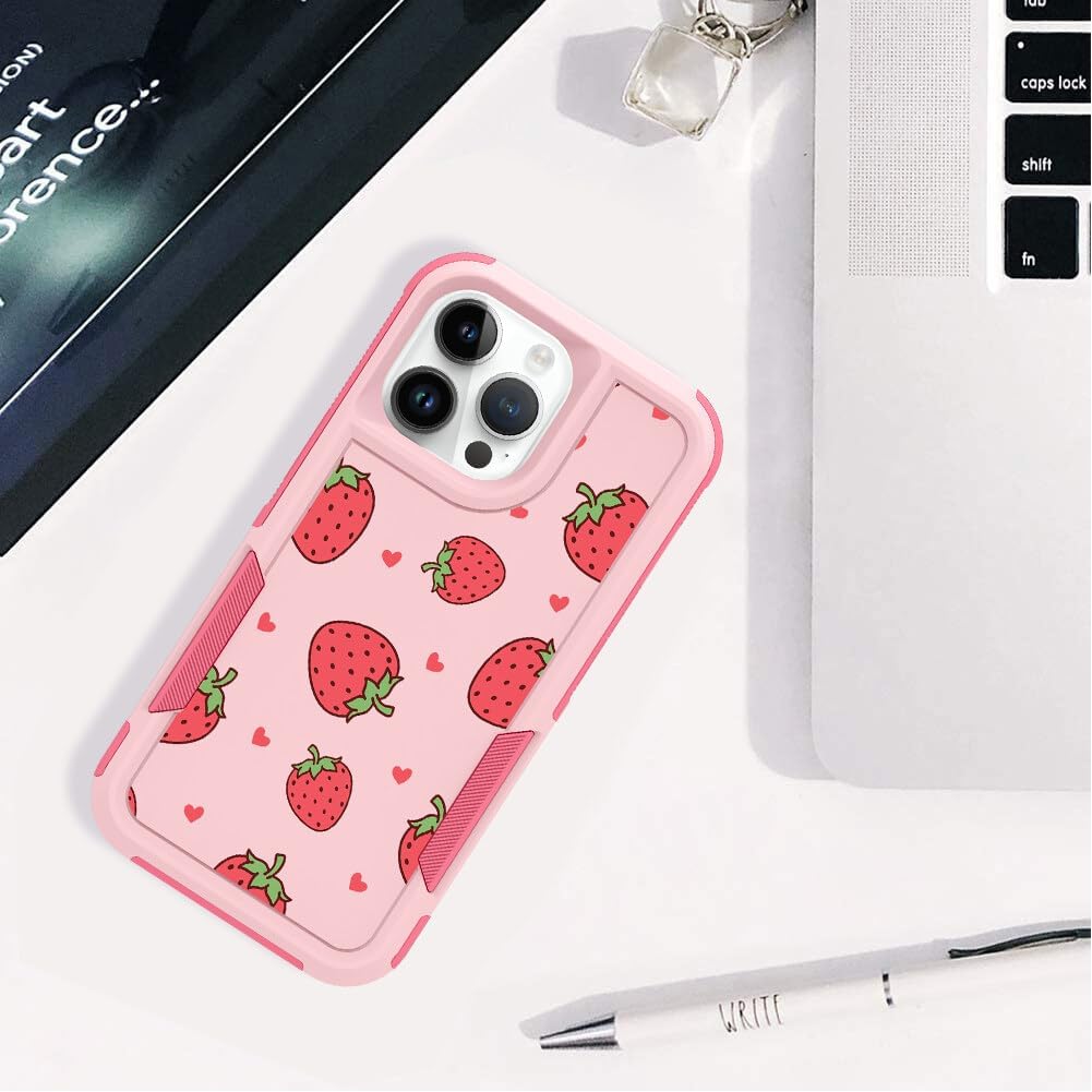 MZELQ Funda compatible con iPhone 15 Pro con bonito diseño de fresas, a prueba de golpes, bonita funda antideslizante compatible con niñas y mujeres