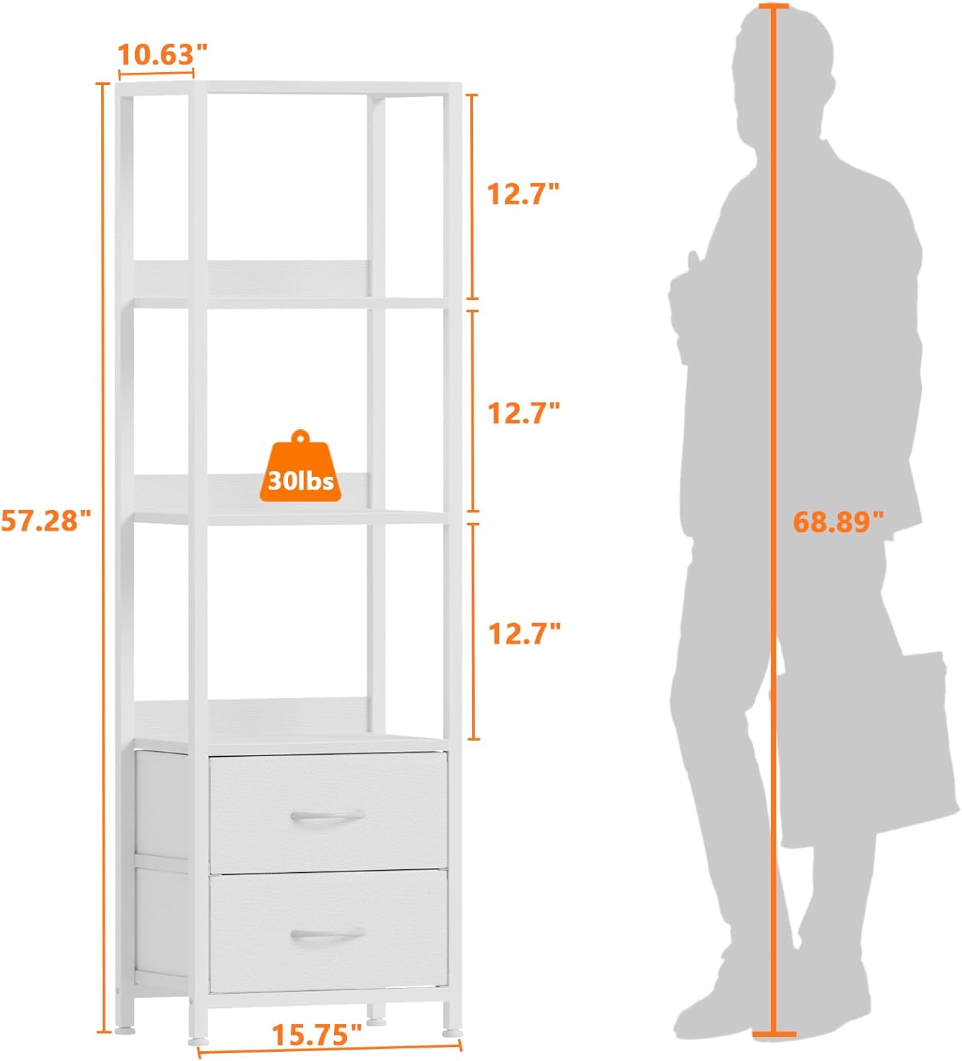 Furnulem Estante esquinero de 4 niveles, estantería con 2 cajones de almacenamiento, estantería estrecha de 57.28 pulgadas de alto, unidad