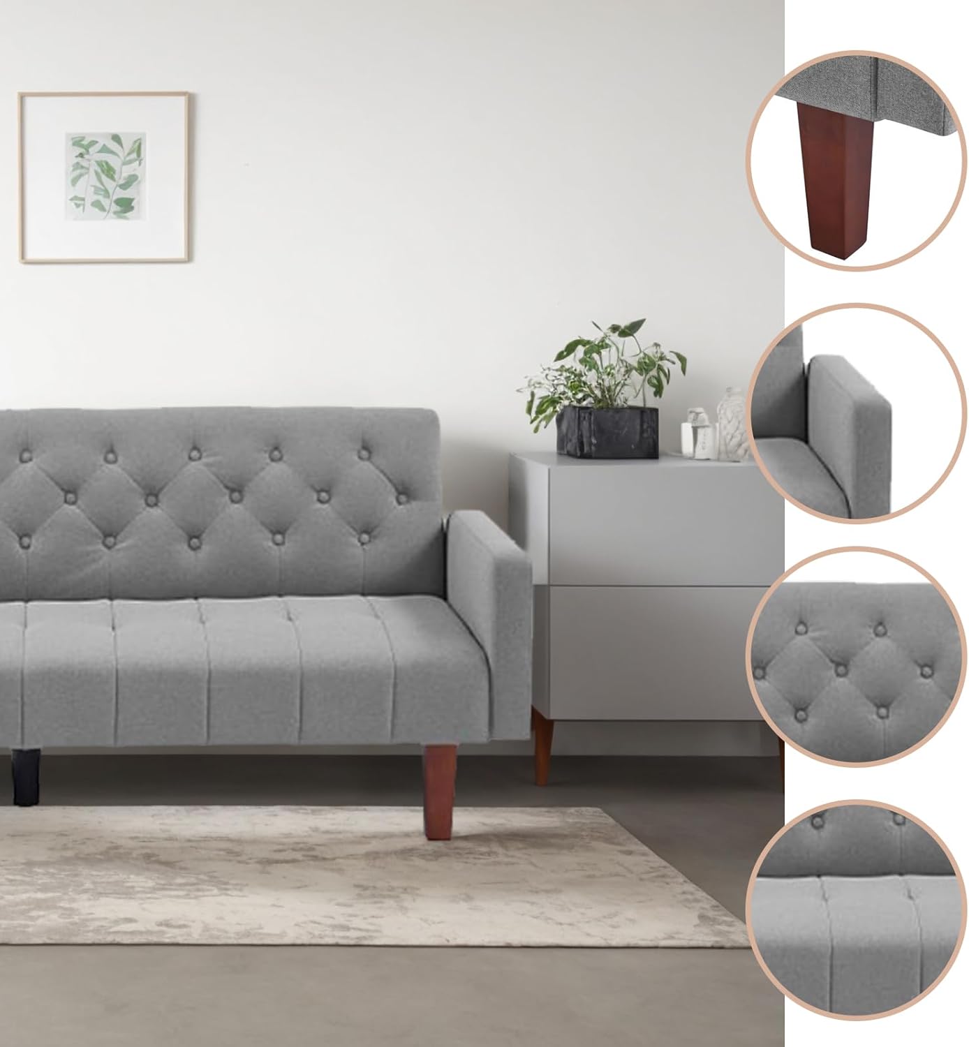 Sofá cama convertible de mediados de siglo con respaldo copetudo gris con patas de madera cónicas para sala de estar, apartamento, sala de estar