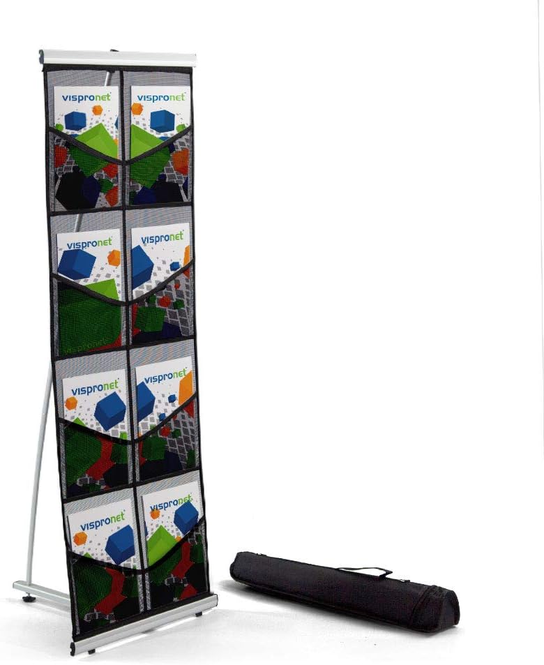 Vispronet Soporte de exhibición para folletos  Soporte de malla para catálogo de 1.8 pies x 4.6 pies con 8 bolsillos y bolsa de transporte  Estante