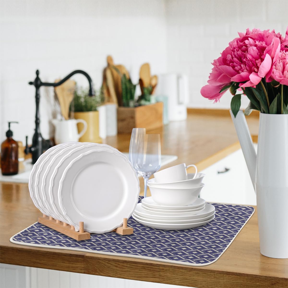 Rhombus Geometry – Tapete de secado de platos absorbente para encimera de cocina, tapete de secado antideslizante de microfibra con lazo para