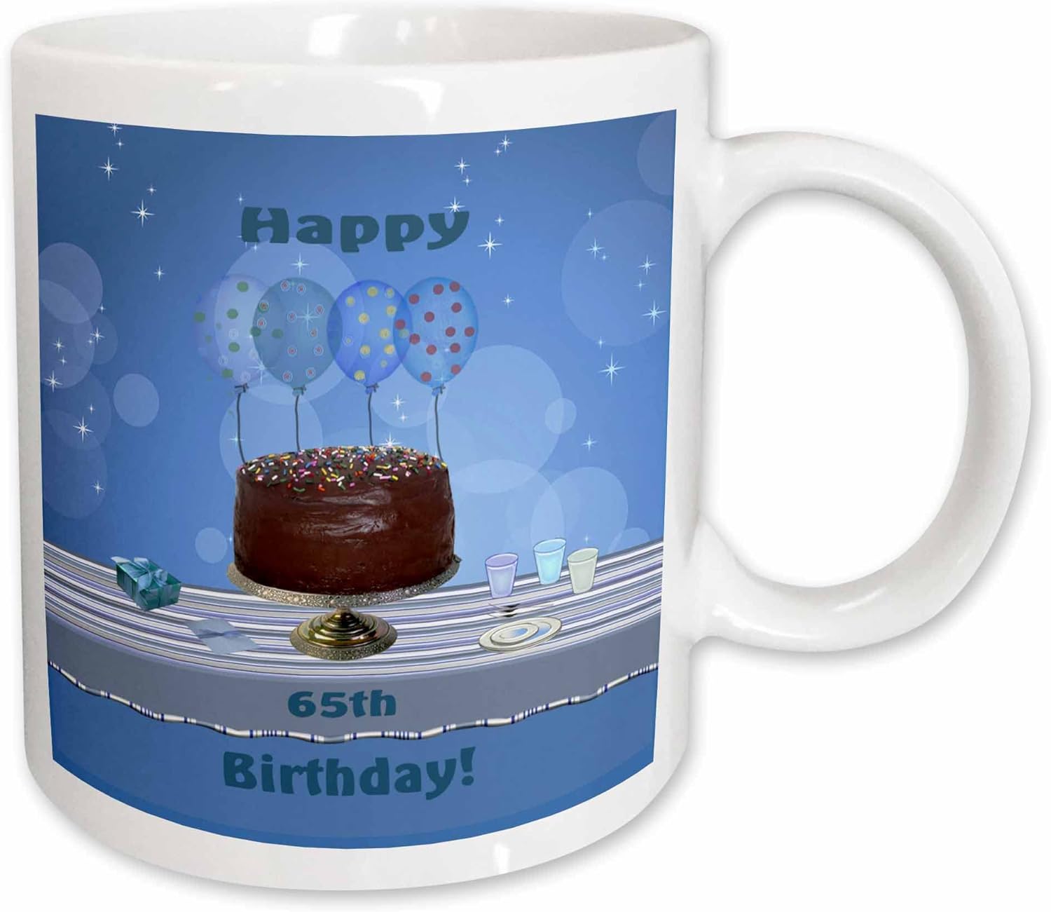 3dRose Taza de cerámica para fiesta de cumpleaños número 65 con pastel de chocolate y globos azules, 11 onzas
