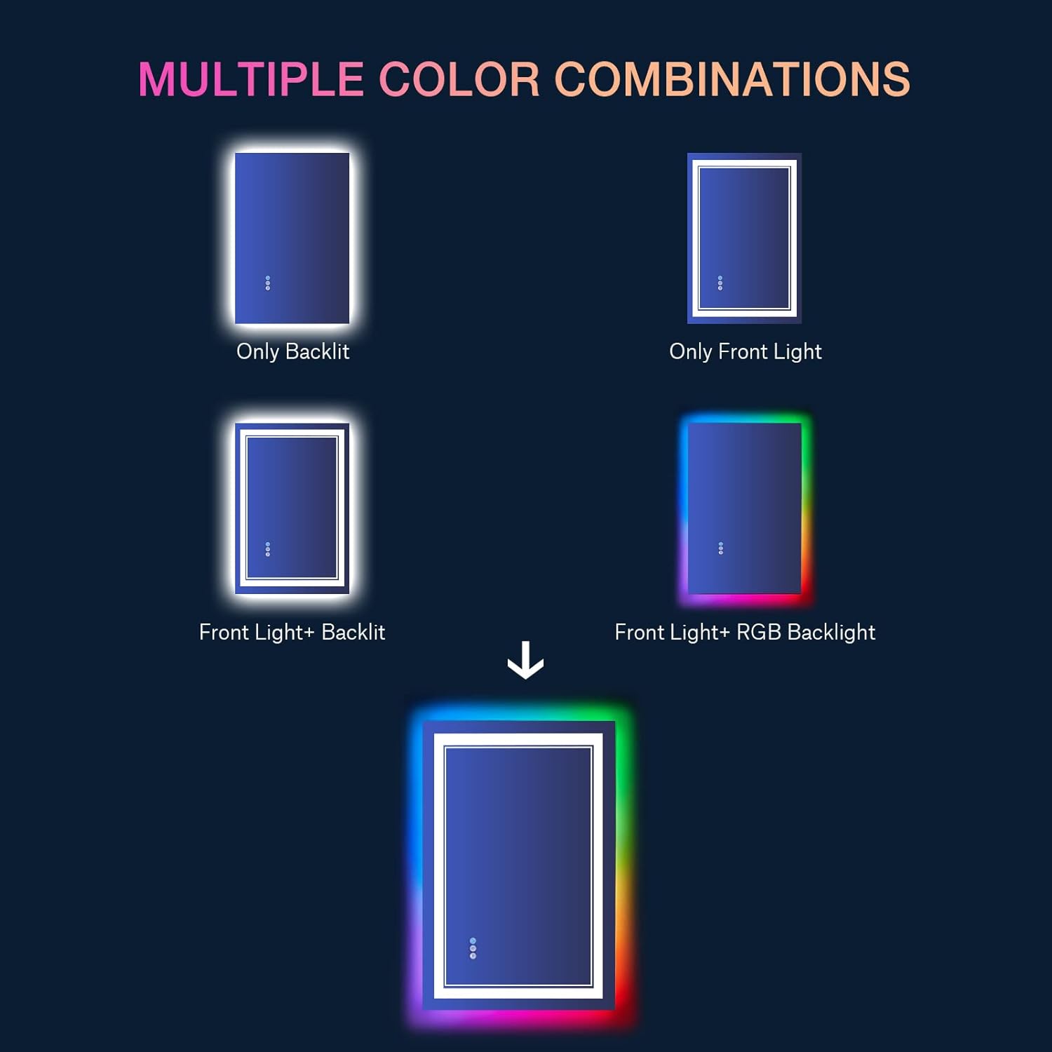Espejo de baño LED RGB de 30 x 36 pulgadas con luces, espejo LED RGB retroiluminado que cambia de color para baño, espejos de tocador iluminados