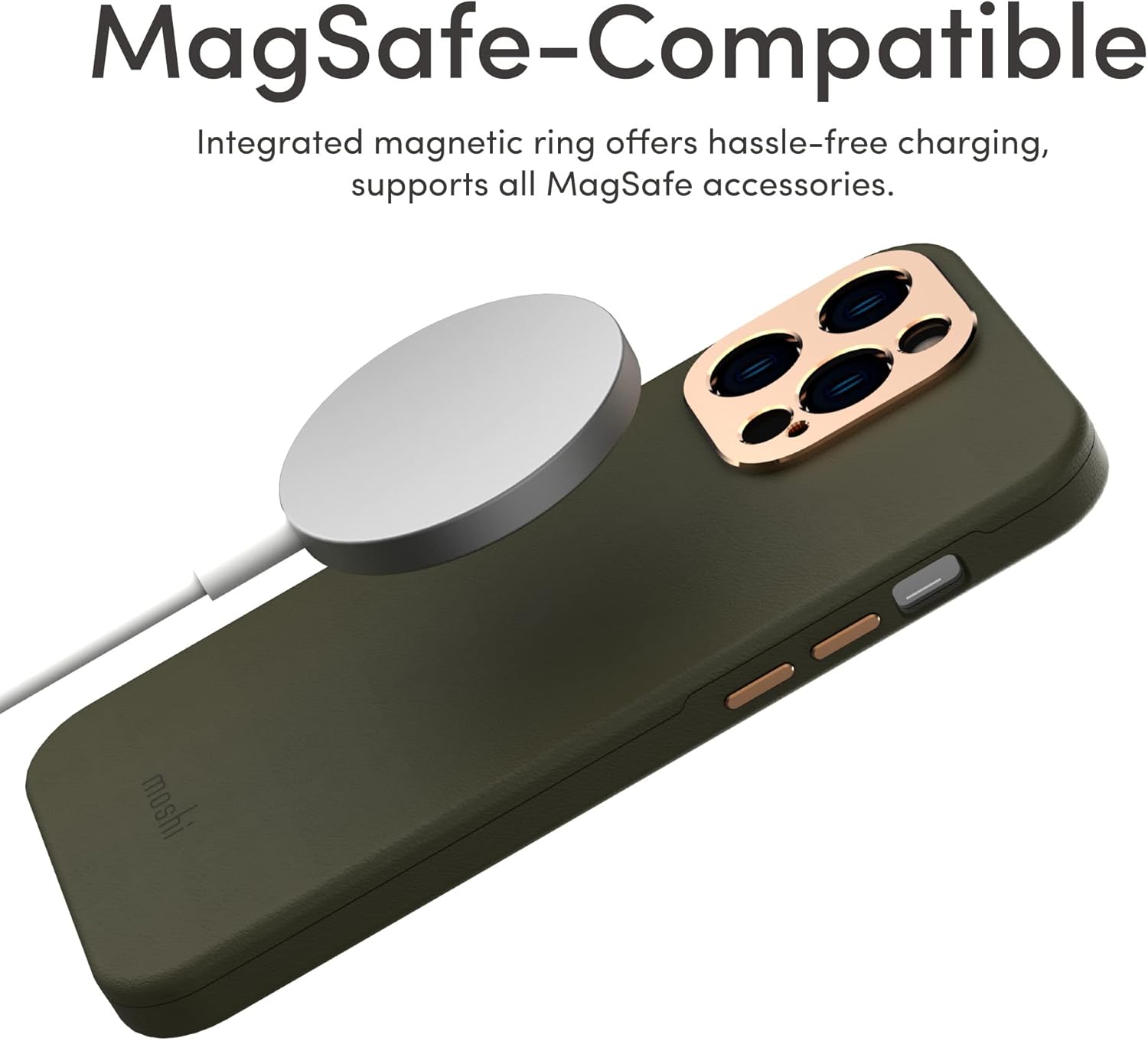 Moshi Napa – Funda de cuero de alta calidad (para iPhone 14 Pro Max de 6.7 pulgadas) – Compatible con MagSafe  Lente y botones elevados de aluminio