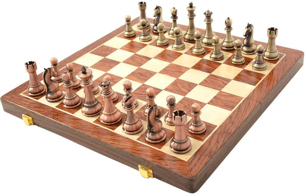 ROLTIN Juego de ajedrez internacional de metal para niños y adultos con tablero de madera y almacenamiento, piezas estándar de metal, juego clásico