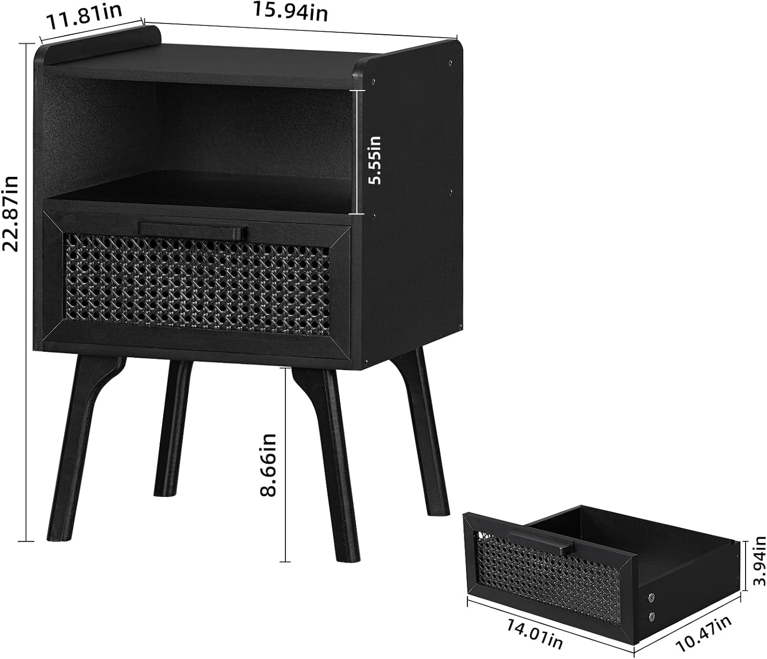 Lerliuo Juego de 2 mesitas de noche de ratán, mesa auxiliar bohemia con cajón abierto, mesa auxiliar de noche con patas de madera maciza para
