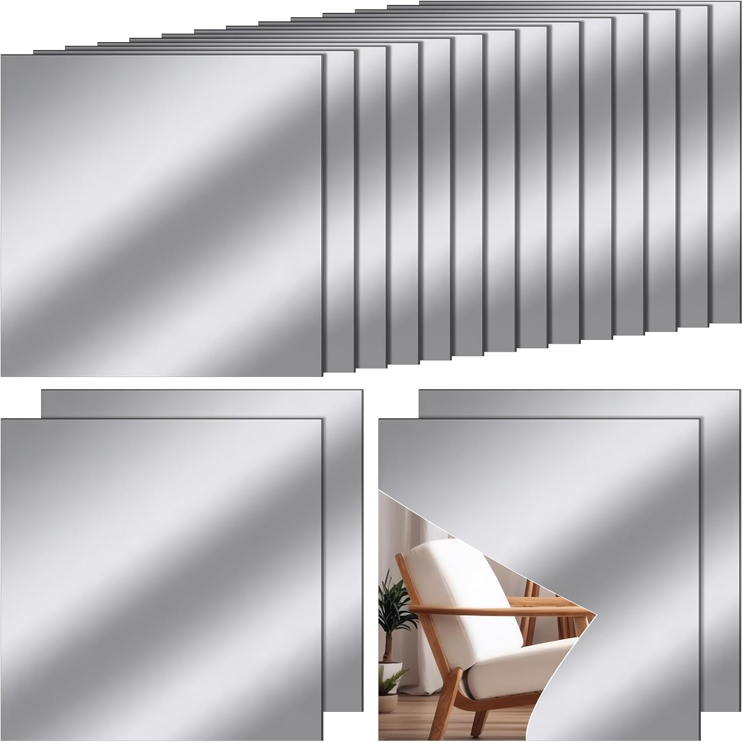 Soaoo 36 piezas de láminas de espejo flexibles autoadhesivas para espejo de puerta, azulejos de plástico para espejo de pared, calcomanías cuadradas