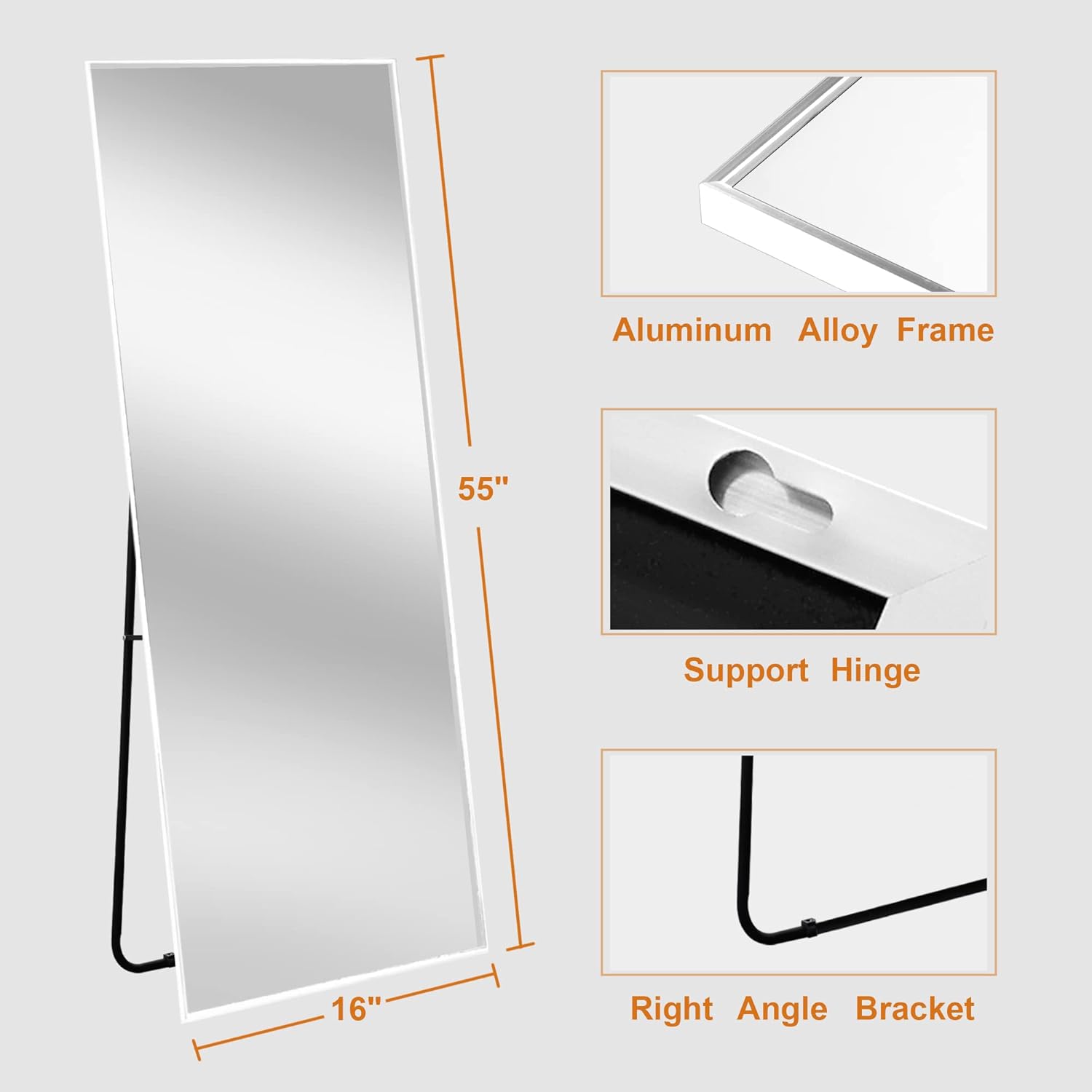 MIRUO Espejo de longitud completa de 55 x 16 pulgadas, espejo de cuerpo completo, espejo blanco de suelo y de longitud completa para pared, espejo