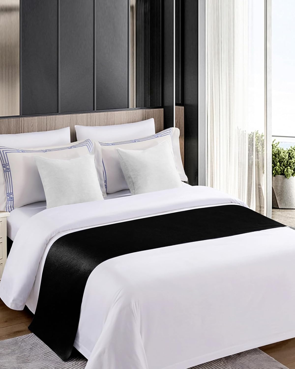 Bufanda negra para camino de cama, tamaño Cal King, manta de lujo para cama individual, matrimonial, queen, king, pie de cama, decoración de