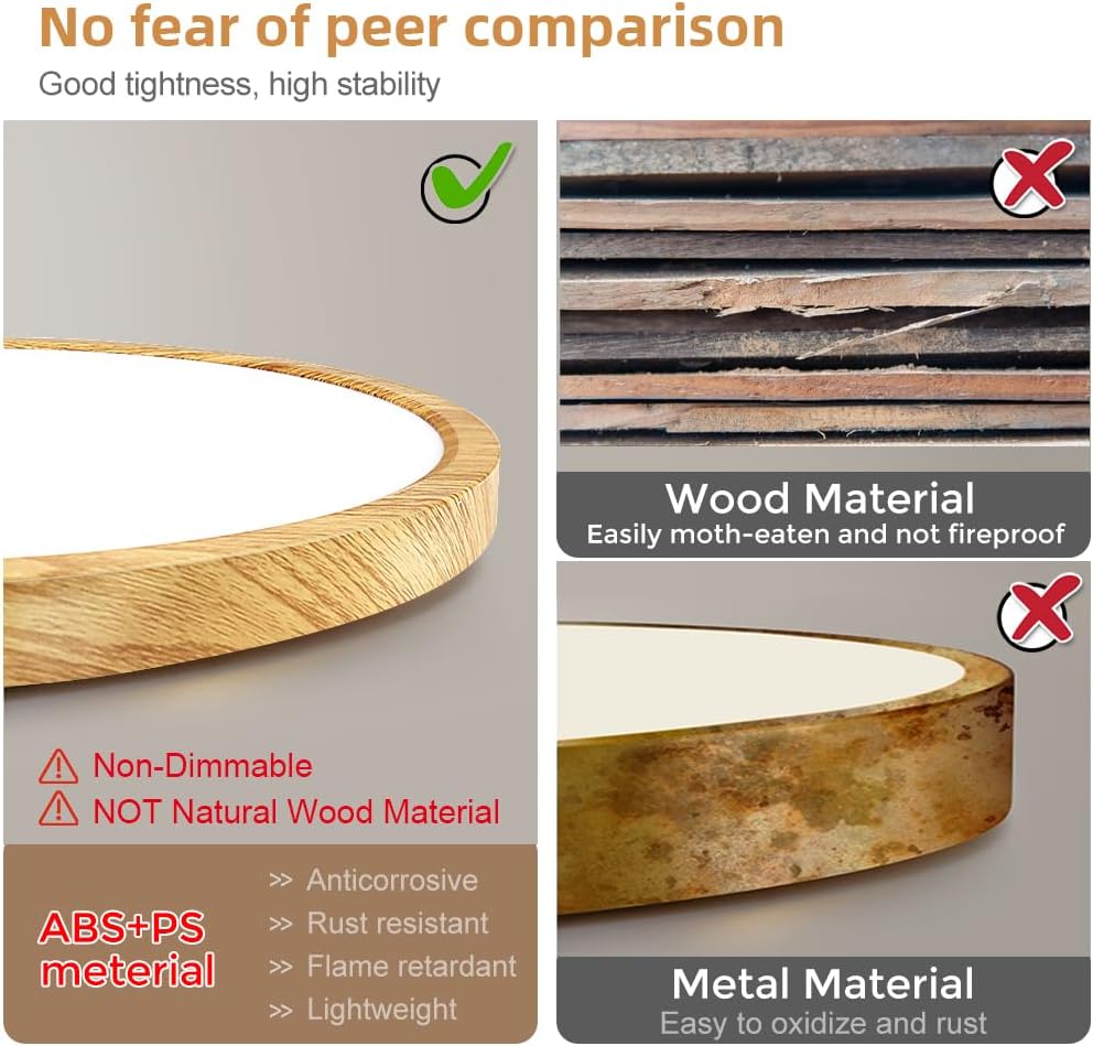 Lámpara de techo LED de grano de madera amarilla de 12 pulgadas, montaje empotrado, alfombrilla de ABS, luz blanca de día de 5000 K, accesorios de