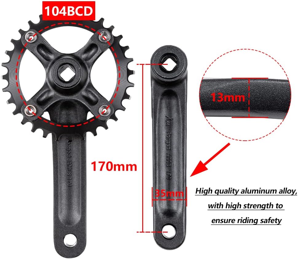 Cyclon Juego de bielas cuadradas de una sola velocidad, 6.693 in de bicicleta de montaña con 104BCD 32T34T36T38T40T42T, plato negro redondo de