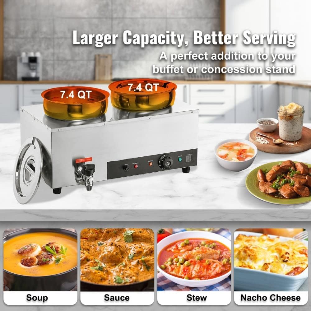 Calentador de sopa doble olla comercial Bain Marie, botón anti-quemadura y reinicio en seco, acero inoxidable 1200W, estación de buffet de
