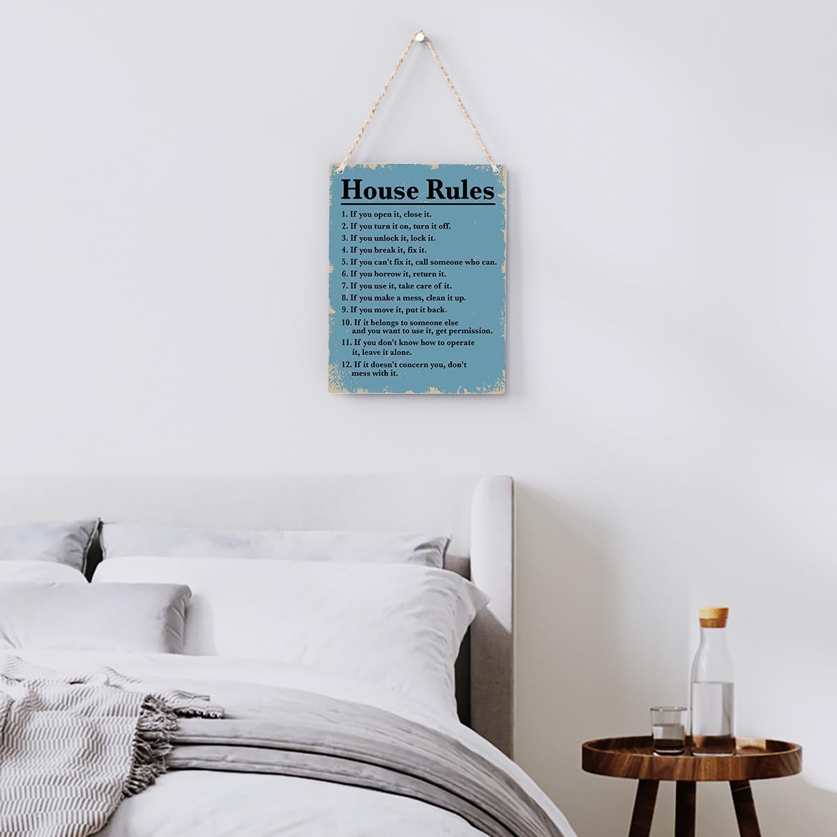 Letrero colgante de madera con reglas de la casa, decoración del hogar, arte de pared para sala de estar, cita inspiradora para la familia, letreros