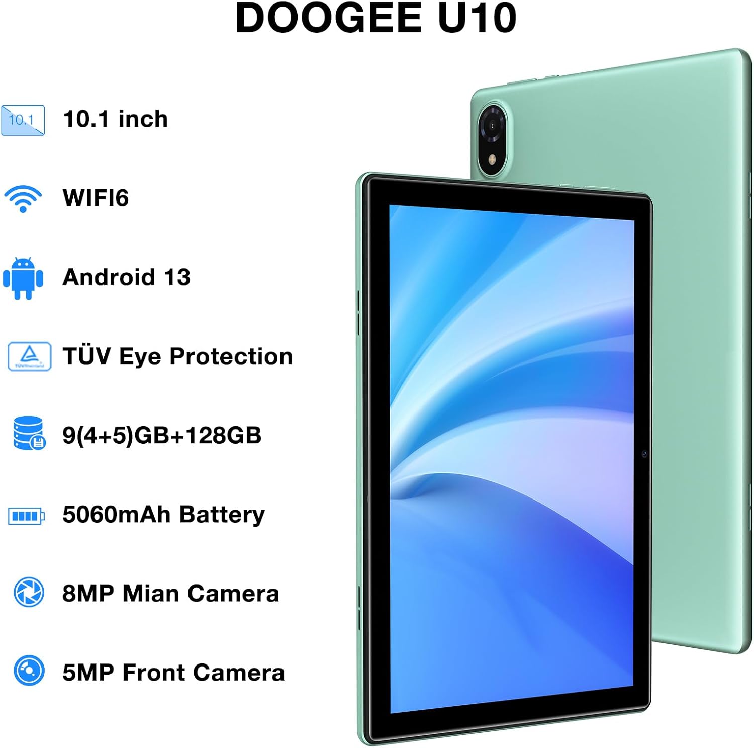 DOOGEE Tableta Android U10, 9 GB de RAM + 128 GB de ROM (TF 1 TB) Android 13 Tablet Quad-Core 2.0 GHz, pantalla de 10.1 pulgadas  5060mAh  TÜV Low