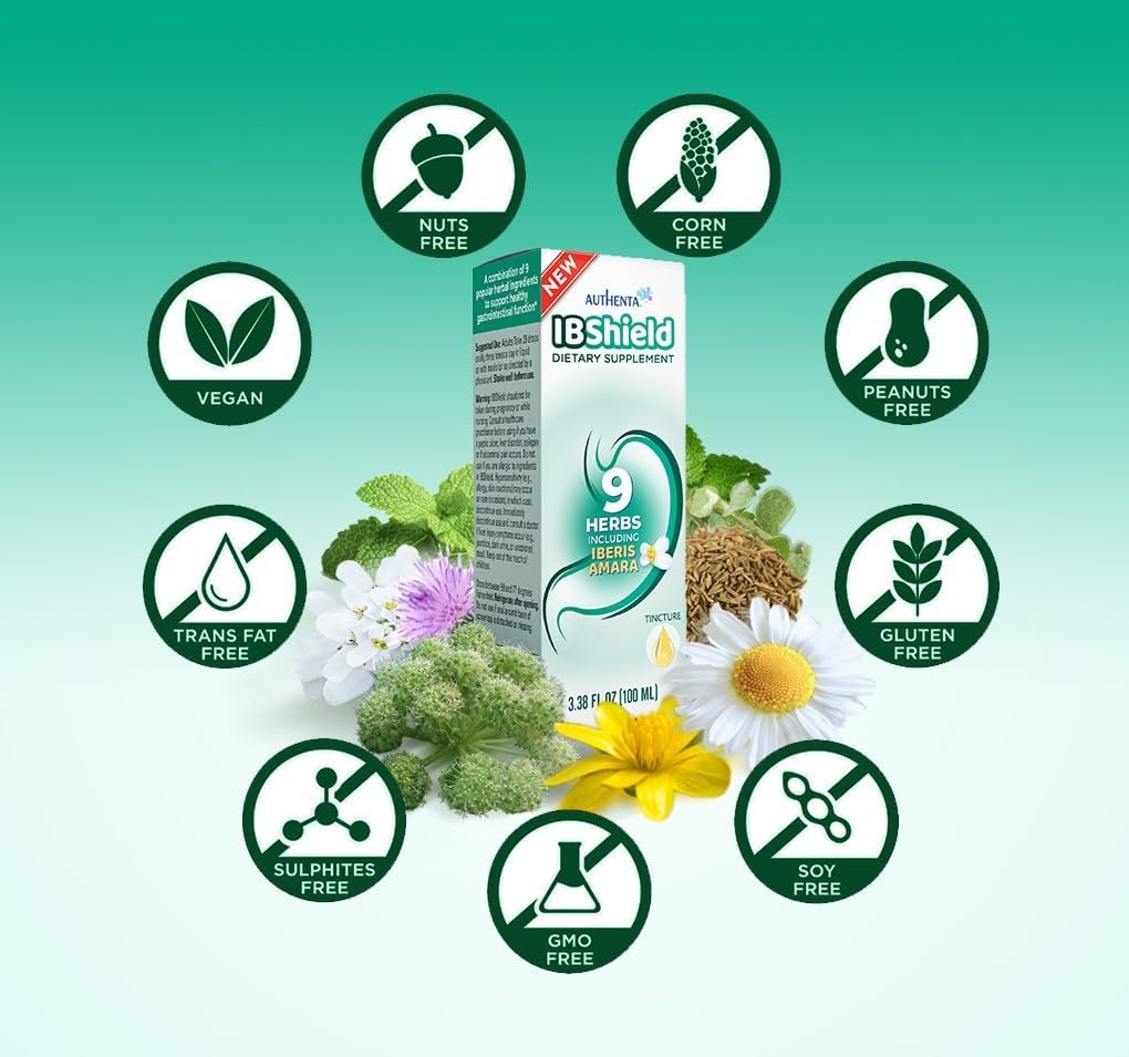 IBShield Tintura 3.4 fl oz  Apoya la función gastrointestinal saludable  Mezcla de 9 hierbas  Manzanilla, Iberis Amara, Angélica, alcaravea,